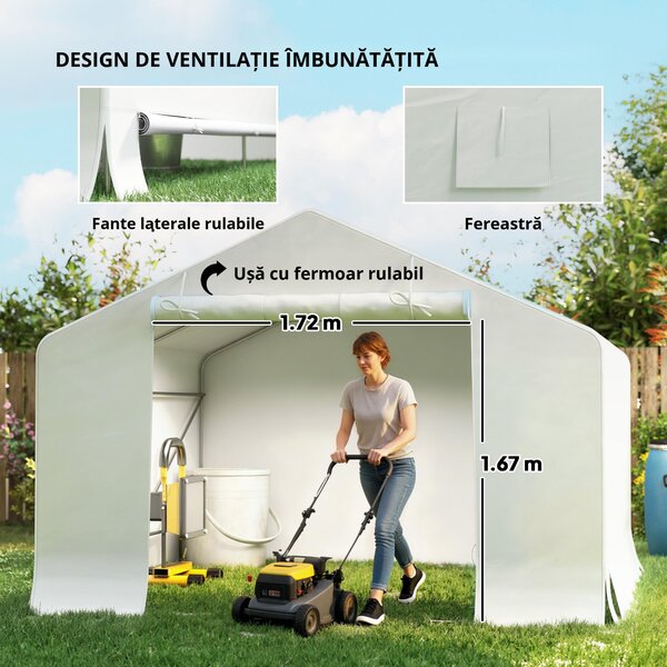 Outsunny Garaj Exterior pentru Motocicletă 3x3 m, Impermeabil, cu Ușă și Aerisiri Rulabile, Tentă Garage pentru Biciclete și Unelte din Metal și Material PE, Anti UV, Alb | Aosom Romania