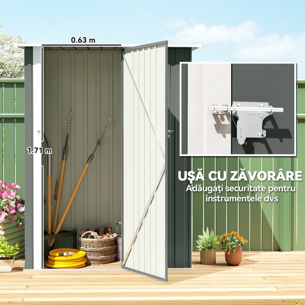 Outsunny Depozit de Grădină 1.07m² din Oțel Zincat, Depozit pentru Unelte cu Ușă Blocabilă și Acoperiș Înclinat, 142x86x189 cm, Gri Deschis | Aosom Romania