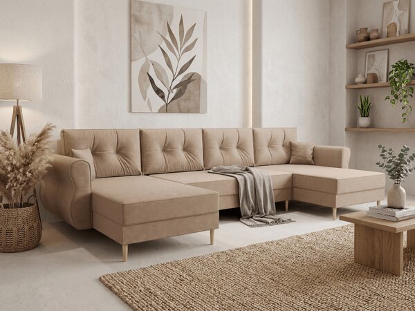 Coltar extensibil in forma de U SILVIANO, bej, 300x140 cm + 2 perne GRATUIT