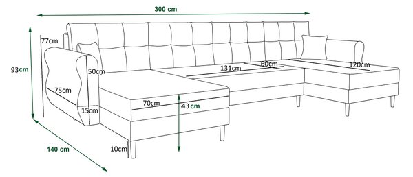 Coltar extensibil in forma de U SILVIANO, gri, 300x140 cm + 2 perne GRATUIT