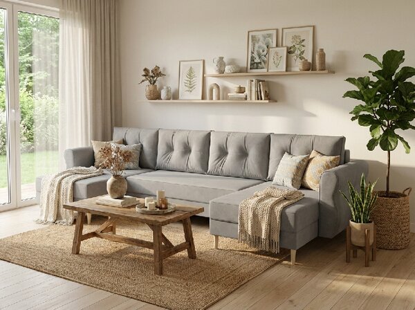 Coltar extensibil in forma de U SILVIANO, gri, 300x140 cm + 2 perne GRATUIT