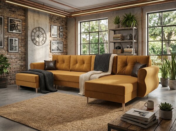 Coltar extensibil in forma de U SILVIANO, mustar, 300x140 cm + 2 perne GRATUIT