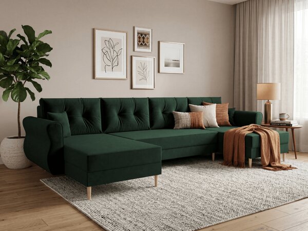 Coltar extensibil in forma de U SILVIANO, verde inchis, 300x140 cm + 2 perne GRATUIT