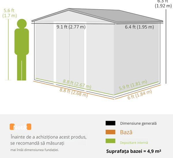 Outsunny Șopron pentru Unelte cu Acoperiș Înclinat și Uși Glisante Duble, 277x195x192 cm, Verde Închis | Aosom Romania