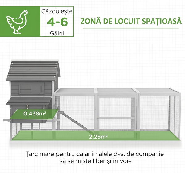 Pawhut Cotet pentru Gaini Ouatoare pentru Exterior, Adapost pentru Gaini cu Rampa si Zona Deschisa Imprejmuita, 310.5x149.5x149cm, Gri
