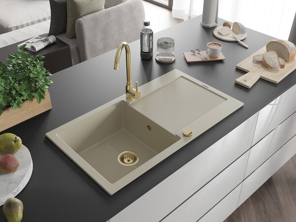 Mexen Leo chiuvetă de bucătărie din granit cu 1 compartiment și scurgător 900 x 500 mm, bej, sifon auriu - 6501901010-69-G