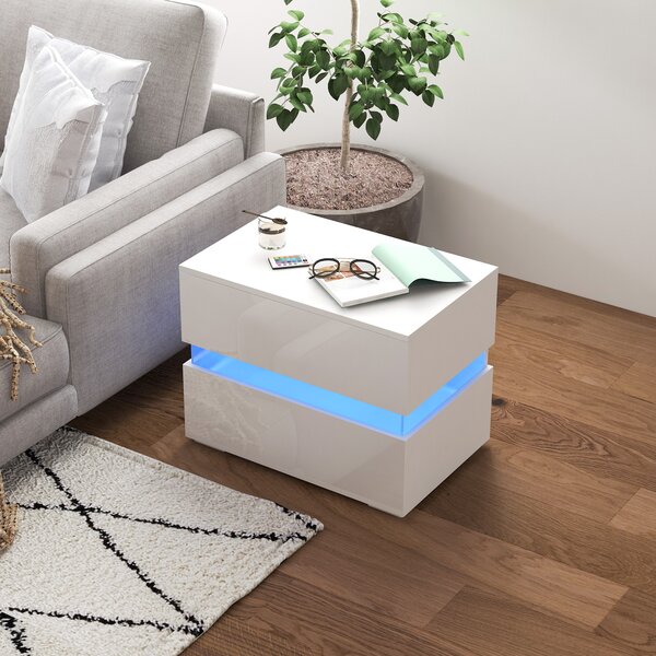 Noptieră cu LED HOMCOM | 2 Sertare cu Luciu | LED-uri RGB cu 16 Culori și 4 Moduri | Telecomandă | Alb | Aosom Romania