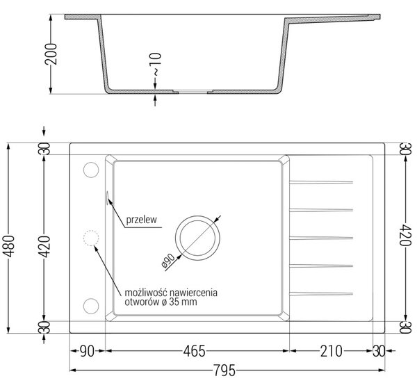 Mexen Elias chiuvetă din granit cu 1 compartiment cu scurgător 795 x 480 mm, bej, sifon auriu - 6511791005-69-G
