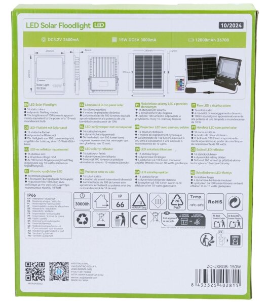 Proiector LED RGB solar dimabil Aigostar LED/15W/3,2V IP66 + telecomandă