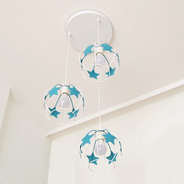 Lustră pe cablu pentru copii STARS 3xE27/15W/230V turcoaz/alb