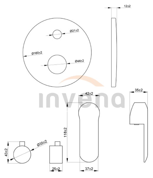 Invena Siros, baterie ascunsă cu 2 ieșiri (corp+capac), crom, INV-BP-90-CO2-A