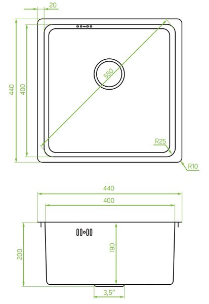Laveo Aden, chiuvetă din oțel inoxidabil cu 1 cameră 440x440x200 mm, oțel, LAV-SLA_010P