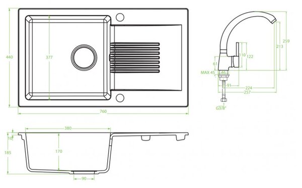Laveo Ceilia, chiuveta cu 1 camera 760x440x185mm + robinet chiuveta, negru, LAV-SJCG711T