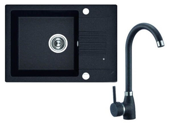 Laveo Ceilia, chiuveta granit cu 1 camera 650x440x185mm + baterie chiuveta inalta, negru, LAV-SJCG713T