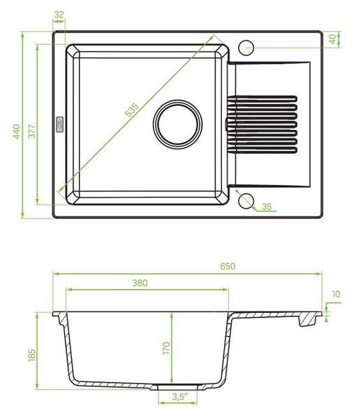 Laveo Celia, chiuveta granit cu 1 camera 650x440x185 mm cu scurgere scurta, negru, LAV-SBC_713T