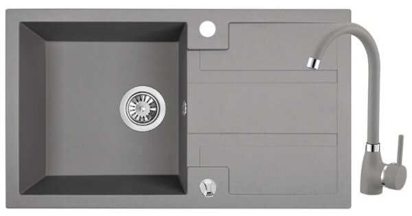 Laveo Barbados, chiuvetă granit cu 1 cameră 760x440x194 mm + robinet pentru chiuvetă Granit 8, gri, LAV-SBBA511T