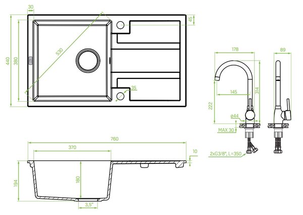 Laveo Barbados, chiuvetă granit cu 1 cameră 760x440x194 mm + robinet pentru chiuvetă Granit 8, gri, LAV-SBBA511T