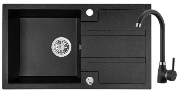 Laveo Barbados, chiuvetă granit cu 1 cameră 760x440x194 mm + robinet pentru chiuvetă Granit 8, pete negre, LAV-SBBA711T