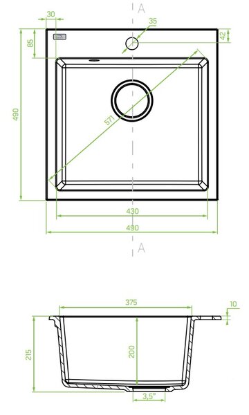 Laveo Alena, chiuvetă din granit cu 1 compartiment 490x490x215 mm, neagră, LAV-SBA_710B