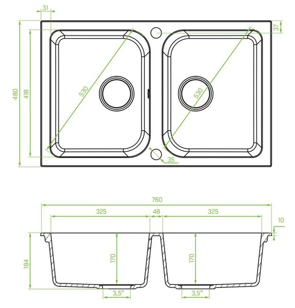 Laveo Celia, chiuveta granit cu 2 camere 760x480x184 mm, gri, LAV-SBC_520T