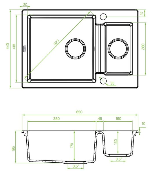 Laveo Celia, chiuveta granit cu 1,5 camere 650x440x195 mm, gri, LAV-SBC_530T