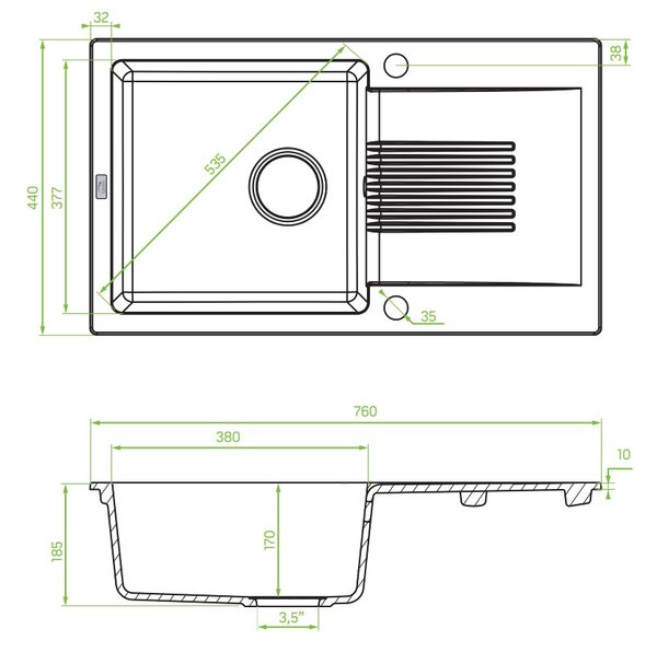 Laveo Celia, chiuveta granit cu 1 camera 760x440x185 mm cu scurgere lunga, bej, LAV-SBC_411T
