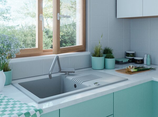 Laveo Celia, chiuveta granit cu 1 camera 760x440x185 mm cu scurgere lunga, gri, LAV-SBC_511T