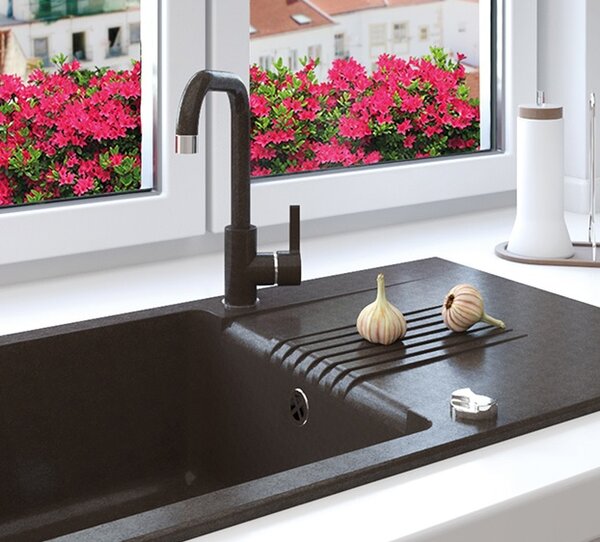 Laveo Celia, chiuveta granit cu 1 camera 760x440x185 mm cu scurgere lunga, negru, LAV-SBC_711T