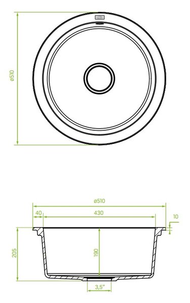 Laveo Dafne, chiuvetă granit cu 1 cameră 510x510x205 mm, negru, LAV-SBD_788Y