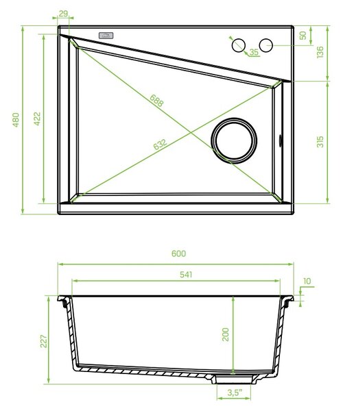 Laveo Grenada, chiuvetă granit cu 1 cameră 600x480x227 mm, bej, LAV-SBG_410T