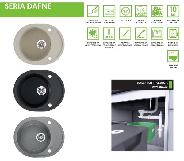 Laveo Dafne, chiuvetă granit cu 1 cameră 580x470x198 mm, gri, LAV-SBD_583T