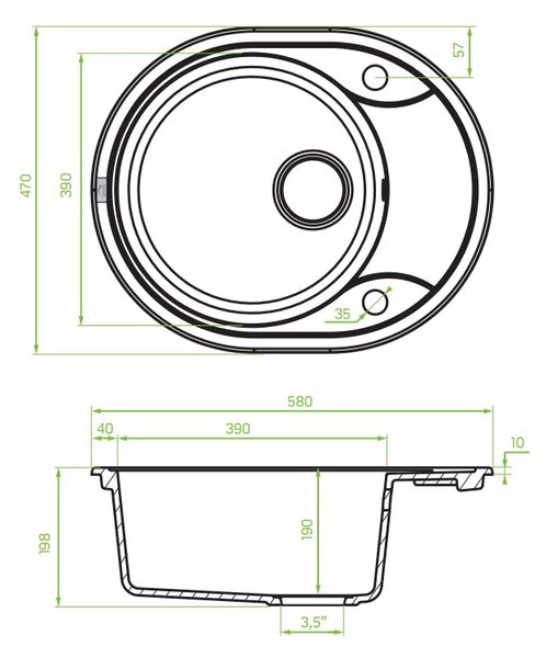Laveo Dafne, chiuvetă granit cu 1 cameră 580x470x198 mm, gri, LAV-SBD_583T