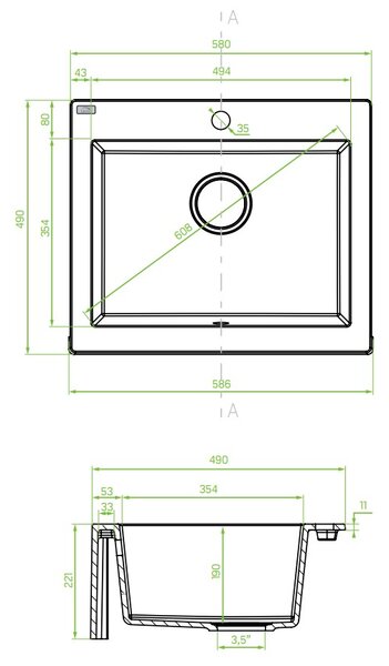 Laveo Komodo, chiuvetă granit cu 1 cameră 586x490x221 mm, pete negre, LAV-SBK_710A
