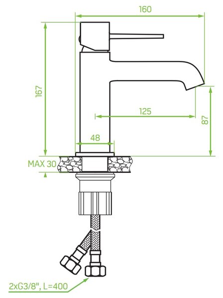 Laveo Pola, baterie chiuveta h-167, crom, LAV-BAP_022D