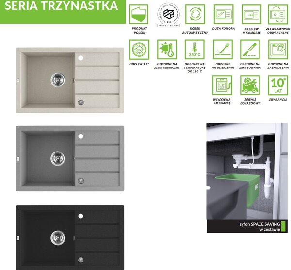 Laveo Trzynastka, chiuvetă granit cu 1 cameră 790x480x185 mm, bej, LAV-SBP_411T