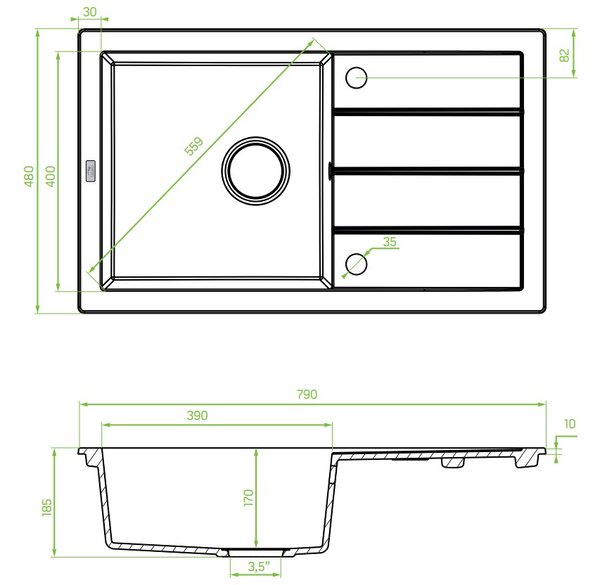 Laveo Trzynastka, chiuvetă granit cu 1 cameră 790x480x185 mm, bej, LAV-SBP_411T