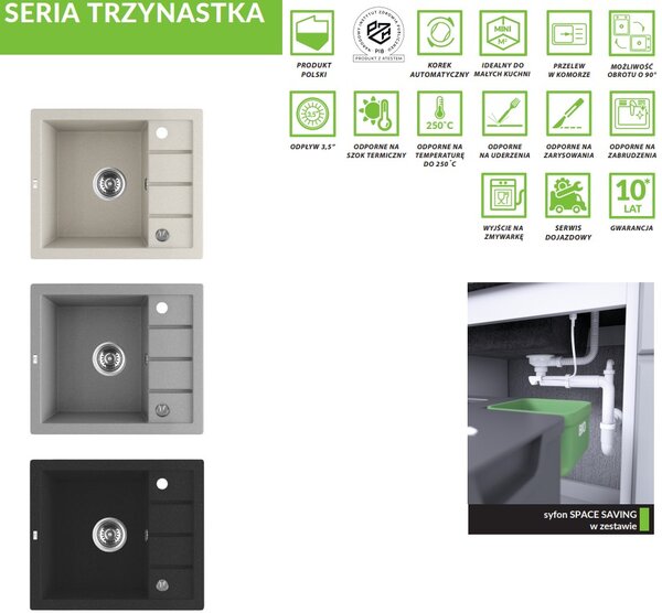 Laveo Trzynastka, chiuvetă granit cu 1 cameră 570x495x185 mm, bej, LAV-SBP_413T