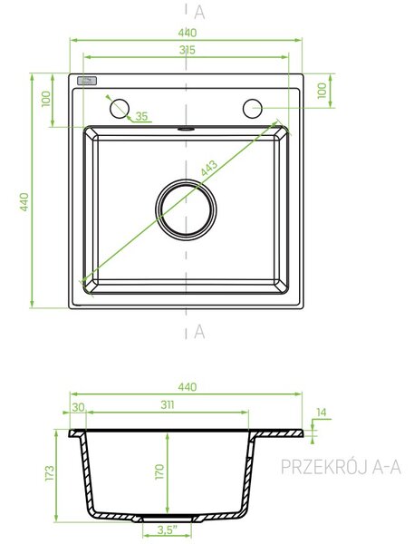 Laveo Trzynastka, chiuveta granit cu 1 camera 440x440x173 mm, bej, LAV-SBP_410T