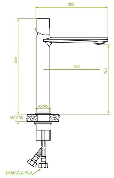 Laveo Tores, baterie pentru chiuvetă înaltă h-266, auriu mat, LAV-BVT_G2ND