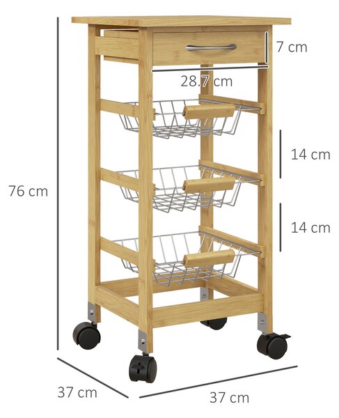 HOMCOM Cărucior de Bucătărie din Bambus Cărucior Mic de Bar pe Roți cu Sertar de Depozitare 3 Coșuri Metalice și Roți cu Blocare Natur | Aosom Romania