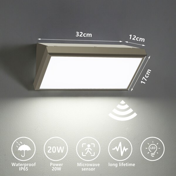 Brilagi-LED Aplica de perete LED pentru exterior cu senzor TRIANGLE, 20W, 230V, gri, IP65