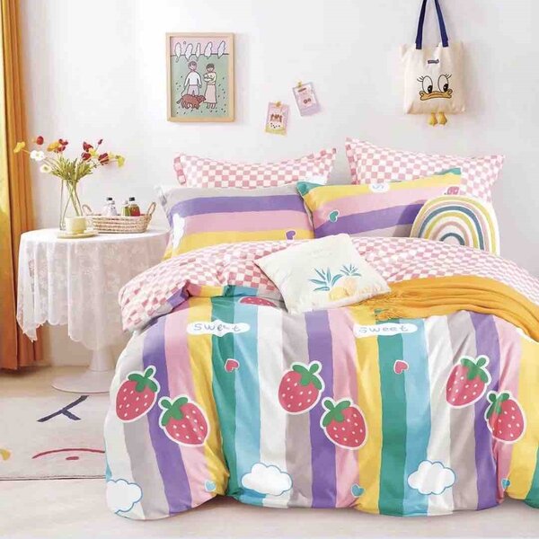 Lenjerie de pat, 1 persoană, finet, 4 piese, multicolora , cu dungi si fructe, LP85