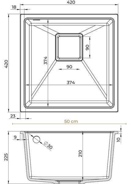 SINK Quality Chiuveta Quality Argon 50, chiuveta granit bucatarie 420x420x225 mm + sifon crom, pete negre-Brocart, SKQ-ARG.B.1KBO.50.X