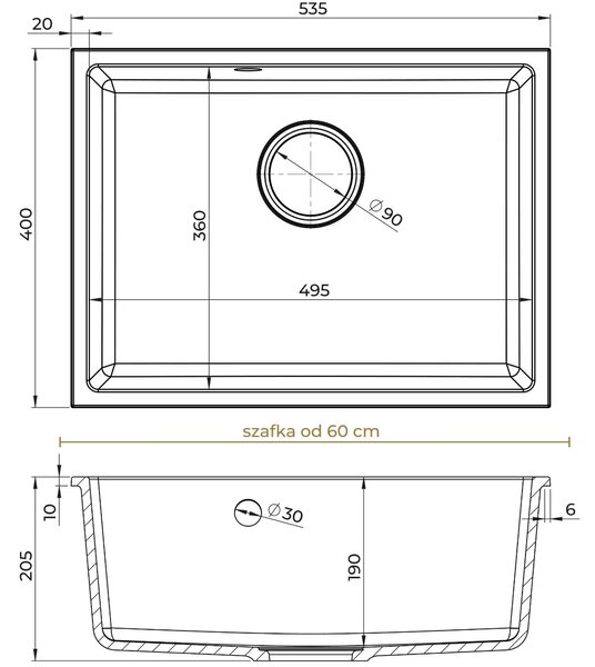 SINK Quality Chiuveta Quality Crypton 60, chiuveta granit bucatarie 535x400x205 mm + sifon negru, pete negre, SKQ-CRY.B.1KBO.60.XB