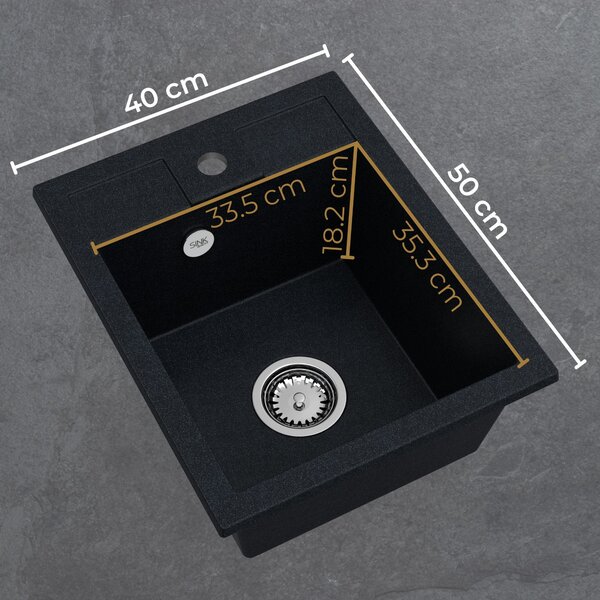SINK Quality Chiuveta Quality Ferrum 40, chiuveta granit bucatarie 400x500x195 mm + sifon crom, pete negre-Brocart, SKQ-FER.B.1K40.X