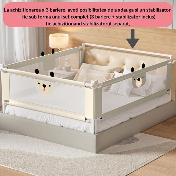 Bariera protectie pat culisanta cu buzunar XXL 200 cm Kidizi Funny Bear Beige, certificata EN71, inaltime reglabila 72-100 cm, model interconectabil