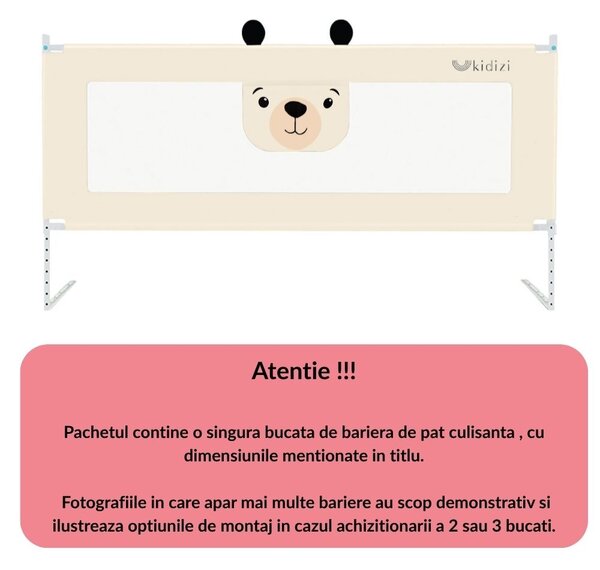 Bariera protectie pat culisanta cu buzunar XXL 200 cm Kidizi Funny Bear Beige, certificata EN71, inaltime reglabila 72-100 cm, model interconectabil