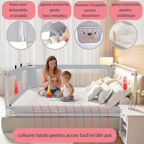 Set 3 bariere protectie pat culisante XXL + STABILIZATOR pentru pat 160x200 cm Kidizi Funny Bear Grey, certificare EN71, inaltime ajustabila 72-100 cm