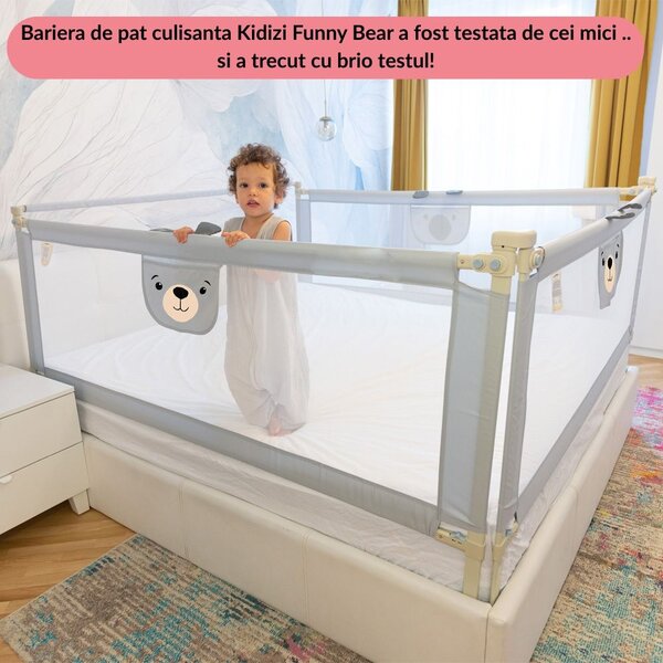 Bariera protectie pat culisanta cu buzunar XXL 200 cm Kidizi Funny Bear Grey, certificata EN71, inaltime reglabila 72-100 cm, model interconectabil