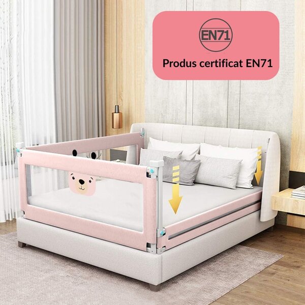 Set 3 bariere protectie pat culisante XXL + STABILIZATOR pentru pat 160x200 cm Kidizi Funny Bear Pink, certificare EN71, inaltime ajustabila 72-100 cm
